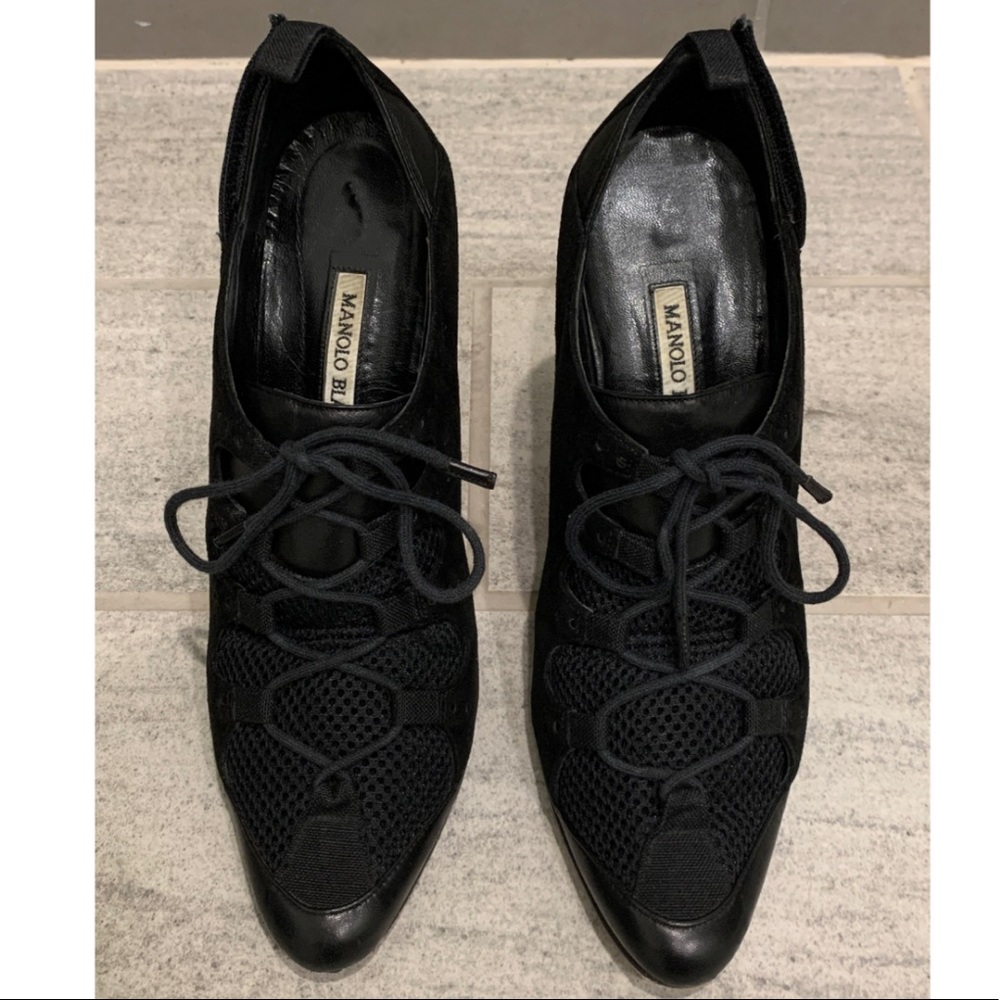 CONSIGNED. Manolo Blahnik Suede Heels with Mesh Overlay - Picture 5 of 16